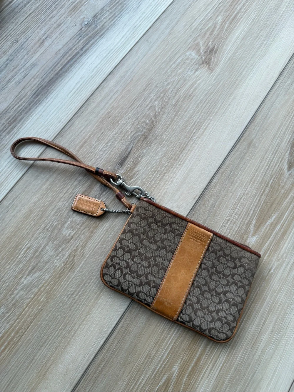 Coach Vintage Brown Signature Canvas Wristlet with Leather Trim